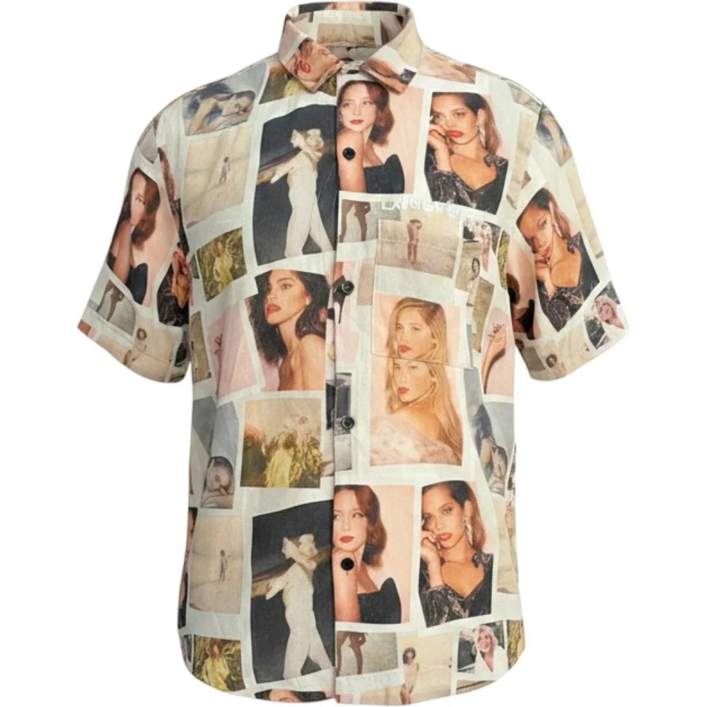 Playboy by PacSun Polaroid Photo Print Rayon Button Up Shirt Mens Small Multi